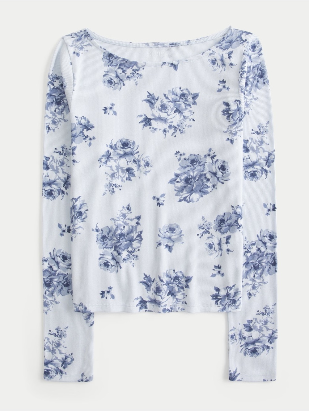 Hollister White Long-Sleeve Floral Ribbed Top with Blue Print